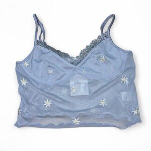 Timing Forever21 Blue mesh crop top with white flower embroidery